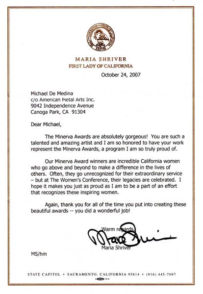 Letter from First Lady of California Maria Shriver